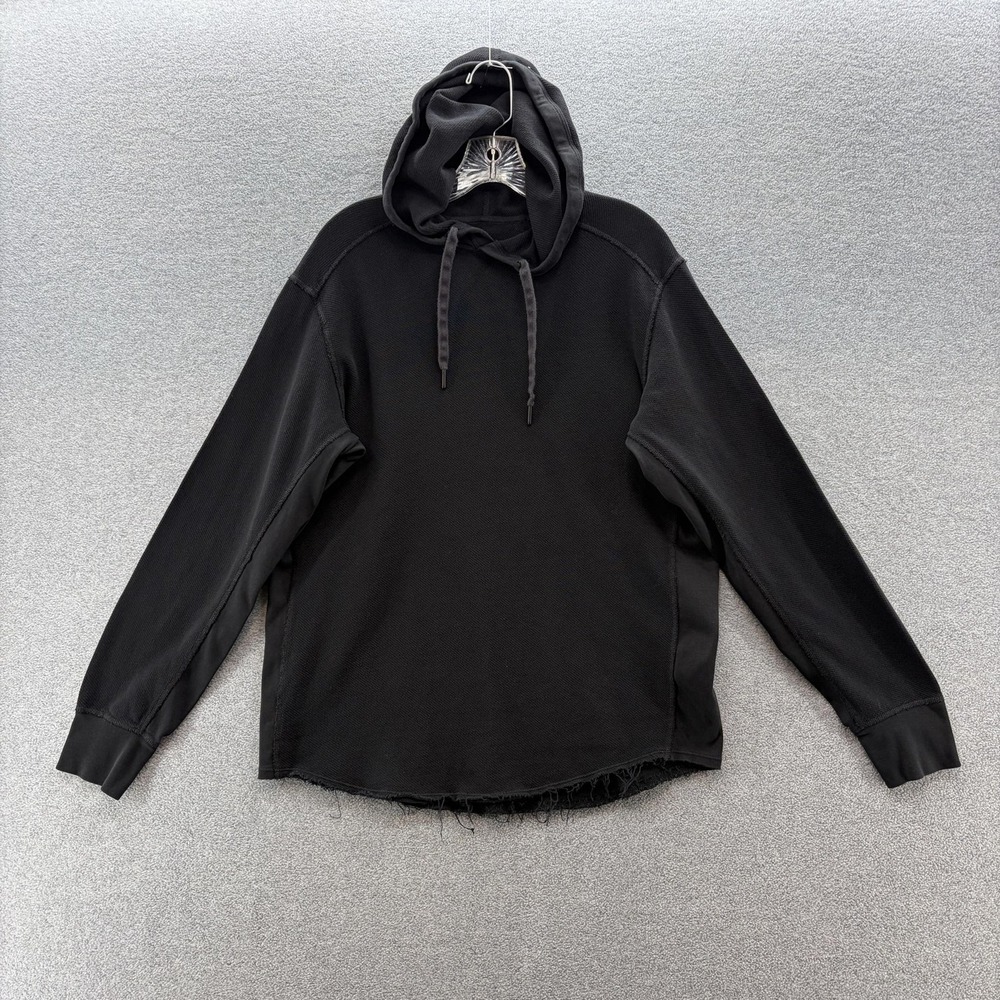Rag Bone Hoodie Mens Medium Black Thermal Waffle Knit Raw Hem Pullover Sweater